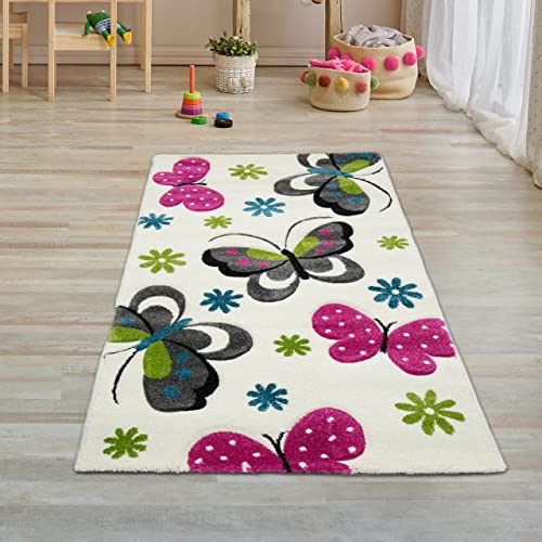 Teppich-Traum Kinderzimmer-Teppich mit Schmetterlingen | Hautsympathisch | Creme pink, 80 x 150 cm von Teppich-Traum