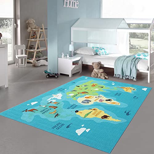 Teppich-Traum Kinderzimmerteppich Weltkarten-Lernspiel Kontinente Tiere & Meere in blau grün, 160x220 cm von Teppich-Traum