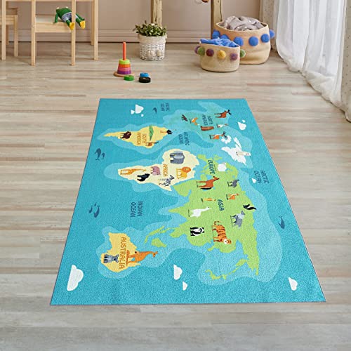 Teppich-Traum Kinderzimmerteppich Weltkarten-Lernspiel Kontinente Tiere & Meere in blau grün, Läufer 80x150 cm von Teppich-Traum