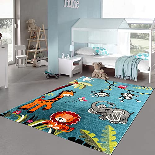 Teppich-Traum Kinderzimmerteppich mit Zootieren 3D-Effekt Konturenschnitt in blau bunt Größe 120 x 170 cm von Teppich-Traum
