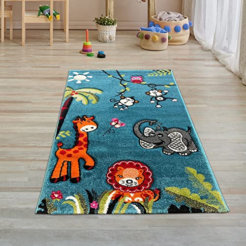Teppich-Traum Kinderzimmerteppich mit Zootieren 3D-Effekt Konturenschnitt in blau bunt Größe 80 x 150 cm von Teppich-Traum