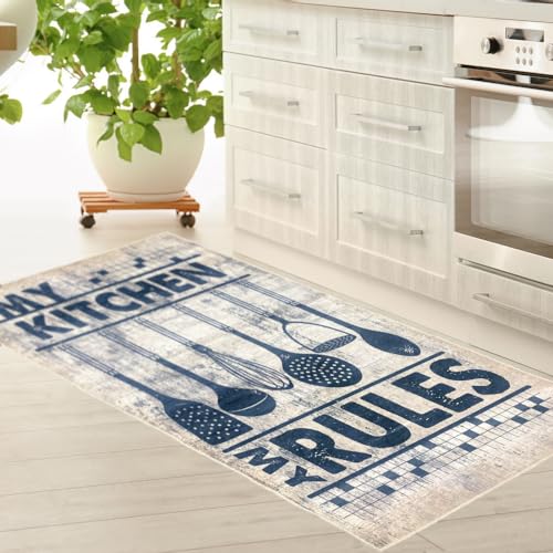 Teppich-Traum Küchenläufer beige mit Gelrücken waschbar mit Kochutensilien und Schriftzug in schwarz, 100 x 300 cm von Teppich-Traum