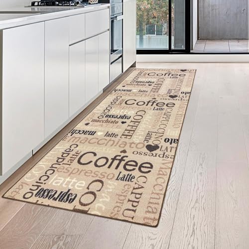 Teppich-Traum Küchenläufer in beige mit Gelrücken und schwarz braunem Schriftzug Coffee Cappuccino Espresso Macchiato, 80 x 150 cm von Teppich-Traum