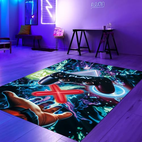 Teppich-Traum Läufer Gaming-Teppich lebendig-bunten neon-farbigen Symbolen schwebendem Controller 80 x 150 cm von Teppich-Traum