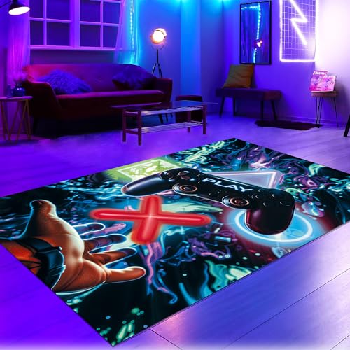 Teppich-Traum Läufer Jungs Gaming-Teppich Teenager lebendig-bunten neon-farbigen Symbolen schwebendem Controller 140 x200 cm von Teppich-Traum