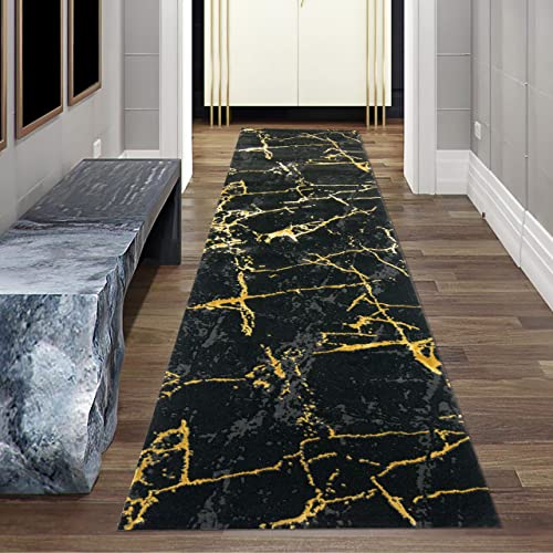 Teppich-Traum Läufer für Korridor & Diele - hochwertiger zertifizierter Öko-Tex Flächenteppich - abstraktes Marmor Muster in schwarz Gold, Größe 80 x 300 cm von Teppich-Traum