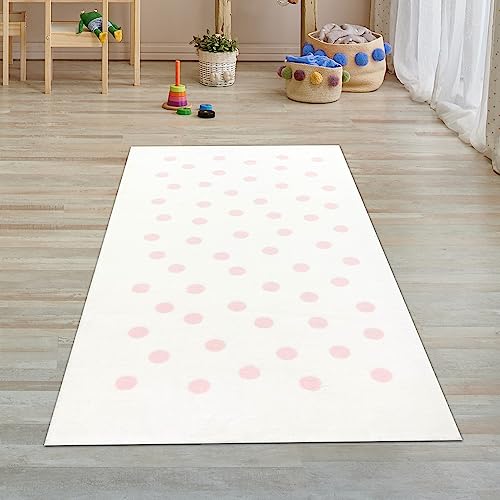 Teppich-Traum Mädchen-Teppich Läufer Spielteppich weich pflegeleicht rosa Punkte in Creme 80x150 cm von Teppich-Traum