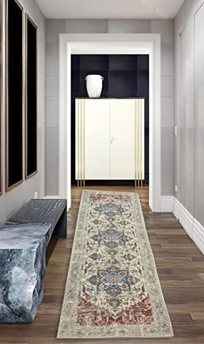 Teppich-Traum Modern klassischer Teppich Läufer mit orientalischen Verzierungen & Ornamenten in Creme rot orange Größe 80 x 250 cm von Teppich-Traum