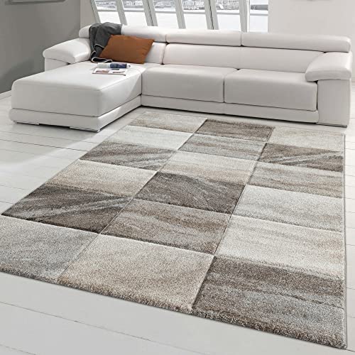 Teppich-Traum Moderner Designerteppich im Konturenschnitt - Karos in beige grau Größe 160x230 cm von Teppich-Traum