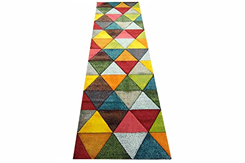 Teppich-Traum Moderner Flurläufer abstraktes Design buntes Dreieckmuster rot grün orange bunt - pflegeleicht Größe 80 x 300 cm von Teppich-Traum