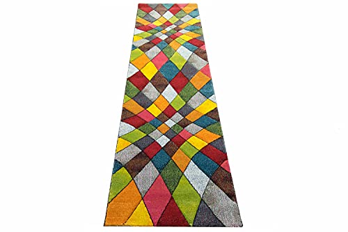 Teppich-Traum Moderner Flurläufer abstraktes Design buntes Rautenmuster grün gelb orange bunt - pflegeleicht Größe 80x300 cm von Teppich-Traum