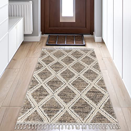 Teppich-Traum Moderner Hochflor Flurteppich • legeres 3D Orient Rautenmuster in Creme beige, 80x150 cm von Teppich-Traum