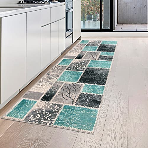 Teppich-Traum Moderner Küchenläufer mit Gelrücken und auffälligem Karomuster in Türkis, 80 x 200 cm von Teppich-Traum