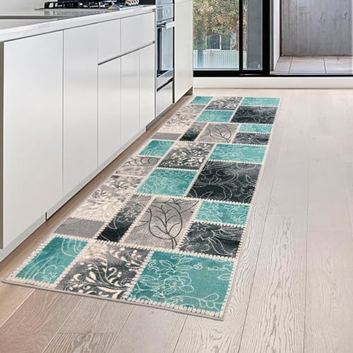 Teppich-Traum Moderner Küchenläufer mit Gelrücken und auffälligem Karomuster in Türkis, 80 x 250 cm von Teppich-Traum