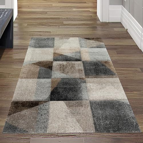 Teppich-Traum Moderner Teppich Flur abstraktes Karomuster in braun beige grau schwarz Größe 60x110 cm von Teppich-Traum
