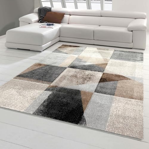 Teppich-Traum Moderner Teppich Wohnzimmer Flur abstraktes Karomuster in braun beige grau schwarz Größe 140x200 cm von Teppich-Traum