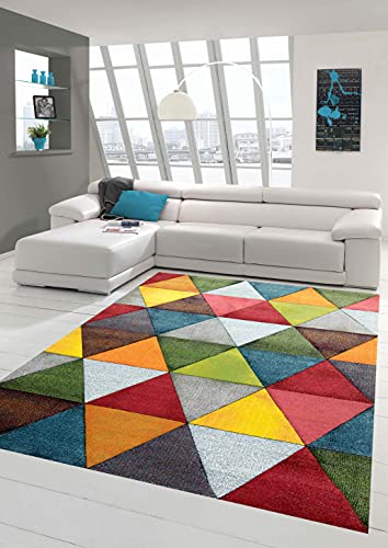 Teppich-Traum Moderner Teppich Wohnzimmer abstraktes Design buntes Dreieckmuster rot grün orange bunt - pflegeleicht Größe 140x200 cm von Teppich-Traum