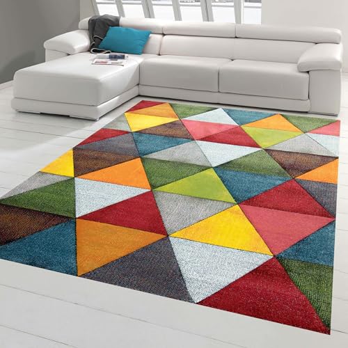 Teppich-Traum Moderner Teppich Wohnzimmer abstraktes Design buntes Dreieckmuster rot grün orange bunt - pflegeleicht Größe 200 x 290 cm von Teppich-Traum