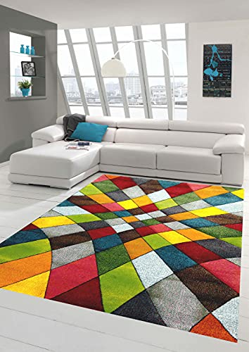 Teppich-Traum Moderner Teppich Wohnzimmer abstraktes Design buntes Rautenmuster grün gelb orange bunt - pflegeleicht Größe 60x110 cm von Teppich-Traum