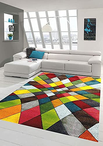 Teppich-Traum Moderner Teppich Wohnzimmer abstraktes Design buntes Rautenmuster grün gelb orange bunt - pflegeleicht Größe 80x150 cm von Teppich-Traum