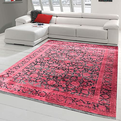 Teppich-Traum Moderner Teppich Wohnzimmer • glänzendes orientalisches Blumendesign in Rot auf schwarzem Hintergrund, 120x170 cm von Teppich-Traum