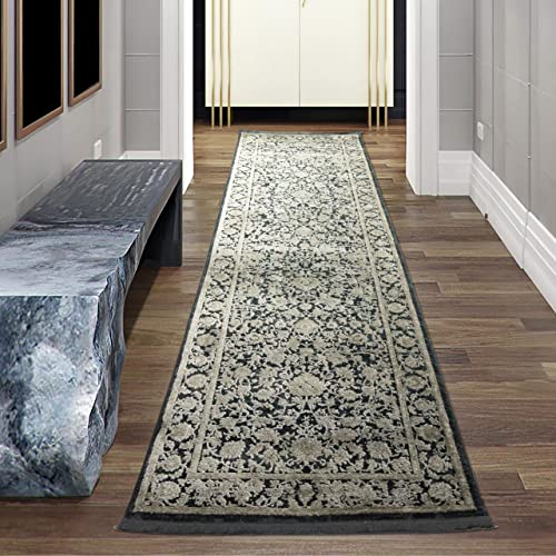 Teppich-Traum Moderner Teppich Wohnzimmer orientalisches Blumendesign in Beige auf schwarzem Hintergrund, 80 x 300 cm von Teppich-Traum