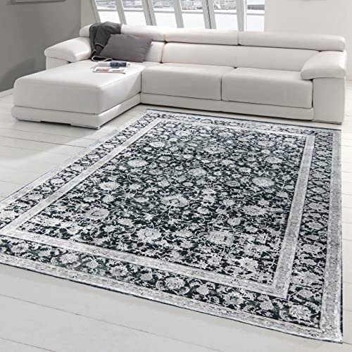 Teppich-Traum Moderner Teppich Wohnzimmer orientalisches Blumendesign in Grau auf schwarzem Hintergrund, 200 x 290 cm von Teppich-Traum