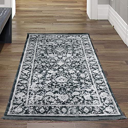 Teppich-Traum Moderner Teppich Wohnzimmer orientalisches Blumendesign in Grau auf schwarzem Hintergrund, 80x150 cm von Teppich-Traum