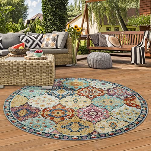 Teppich-Traum Orientteppich Indoor Flur & Outdoor Balkon | wunderschöne Ornamente | bunt, 120 cm Rund von Teppich-Traum