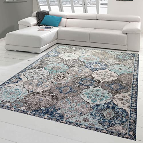 Teppich-Traum Orientteppich für Indoor Wohnzimmer & Outdoor Terrasse | wunderschöne Ornamente | grau blau Größe 200 x 290 cm von Teppich-Traum