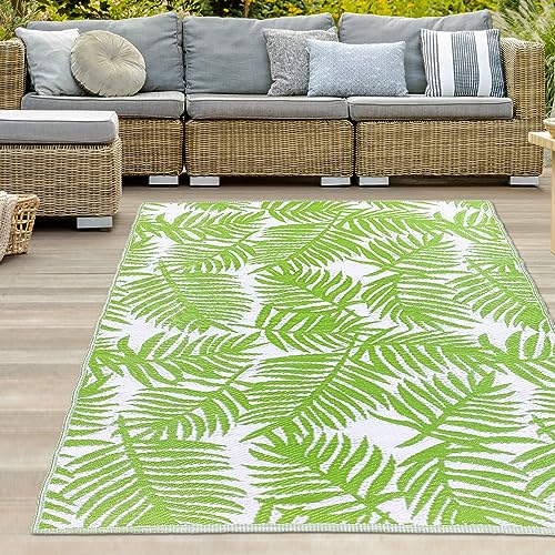 Teppich-Traum Outdoor Außen Teppich wetterfest Kunststoff Camping Vorzeltteppich Gartenteppich Balkonteppich Tropisches Palmen-Design grün-weiß 150 x 220 cm von Teppich-Traum