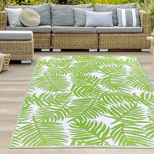 Teppich-Traum Outdoor Außen Teppich wetterfest Kunststoff Camping Vorzeltteppich Gartenteppich Balkonteppich Tropisches Palmen-Design grün-weiß 180 x 280 cm von Teppich-Traum