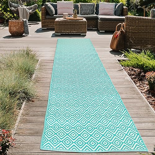 Teppich-Traum Outdoor Teppich wetterfest Kunststoff recycelbar Picknick Camping Strand Terrasse Garten Balkon Läufer lang wendbar Polypropylen Rauten Petrol 90 x 300 cm von Teppich-Traum