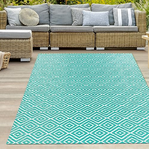 Teppich-Traum Outdoor Teppich wetterfest Kunststoff recycelbar Picknick Camping Strand Terrasse Garten Balkon wendbar Polypropylen Rauten Petrol 150 x 220 cm von Teppich-Traum