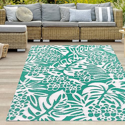 Teppich-Traum Outdoor Vorzelt Teppich Kunststoff groß XXL wetterfest wasserfest Camping Wohnmobil Blätter-Design Petrol 240 x 340 cm von Teppich-Traum