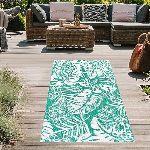 Teppich-Traum Outdoor Vorzelt Teppich Kunststoff wetterfest wasserfest Camping Wohnmobil Läufer Blätter-Design Petrol 90 x 150 cm von Teppich-Traum