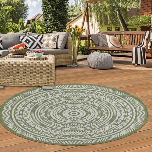 Teppich-Traum Outdoorteppich Indoorteppich Terrassen Teppich Balkonteppich Innenbereich mit elegantem Ethnomuster in Grün & Weiss, 120 cm Rund von Teppich-Traum