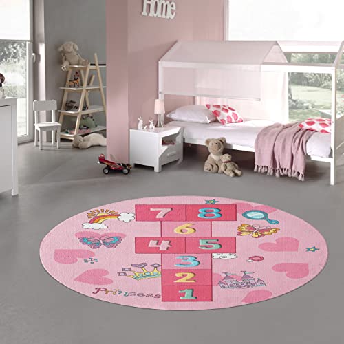 Teppich-Traum Prinzessinnen Hüpfspiel Kinder Spielteppich mit Schmetterlingen & Herzen in pink, 200 cm rund von Teppich-Traum