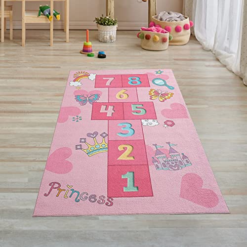 Teppich-Traum Prinzessinnen Hüpfspiel Kinder Spielteppich mit Schmetterlingen & Herzen in pink, Läufer 80x150 cm von Teppich-Traum