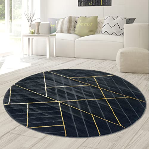 Teppich-Traum RUNDER Designer Wohnzimmerteppich mit geometrischem Muster in schwarz Gold, Größe 160 cm rund von Teppich-Traum
