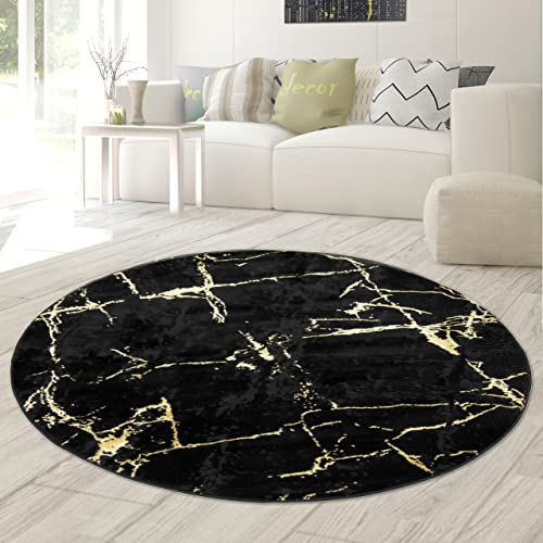 Teppich-Traum RUNDER Wohnzimmerteppich mit abstraktem Marmor Muster in schwarz Gold, Größe 200 cm rund von Teppich-Traum