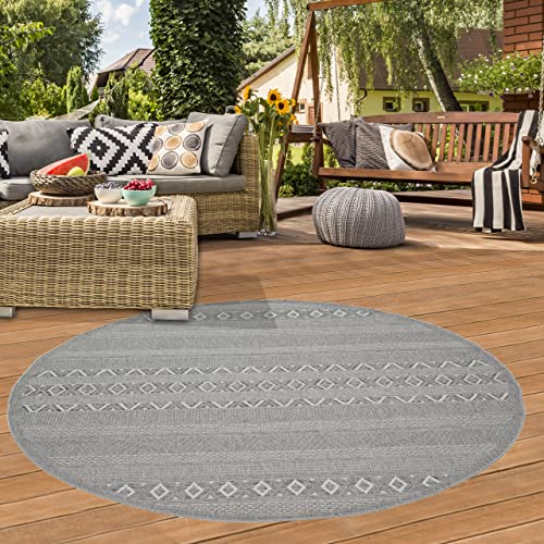 Teppich-Traum Runder In- & Outdoor Teppich Sisal Optik Wohnzimmer Küche Terrasse Balkon Diamanten Rautenmuster gestreift graufarben Größe 120 cm Rund von Teppich-Traum