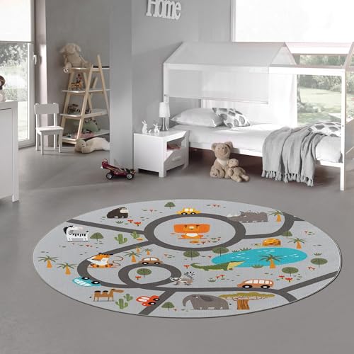 Teppich-Traum Runder Kinderteppich Kinderzimmer Teppich waschbar rutschfest Spielteppich Safari Straßen Autos Tiere rutschfest grau 200 cm von Teppich-Traum