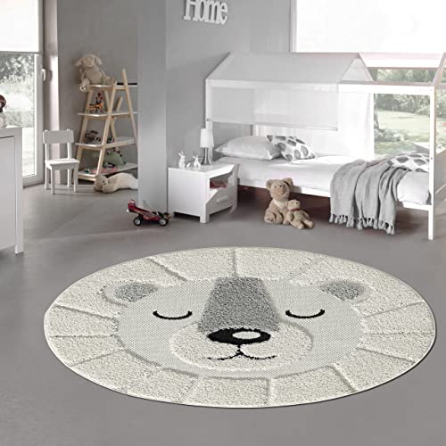 Teppich-Traum Runder Kinderteppich flauschig – schlafender Bär – in Creme, Größe 80 cm rund von Teppich-Traum