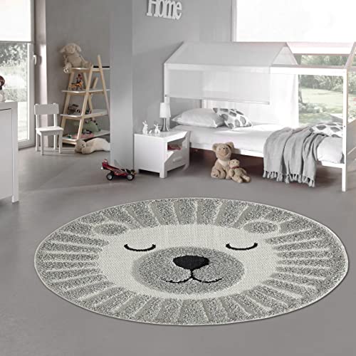 Teppich-Traum Runder Kinderteppich mit flauschigem Hoch-Tief Effekt – schlafender Bär – grau, Größe 200 cm rund von Teppich-Traum