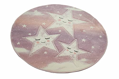 Teppich-Traum Runder Kinderzimmer Teppich Spielteppich Himmel Wolken Sterne Design rosa Creme Größe 120 cm rund von Teppich-Traum