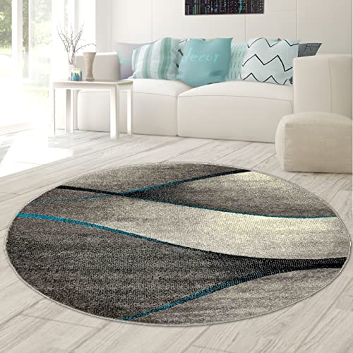 Teppich-Traum Runder moderner Dekoteppich Wellen Design in blau grau anthrazit - pflegeleicht & strapazierfähig (Ökotex) Größe 160 cm rund von Teppich-Traum
