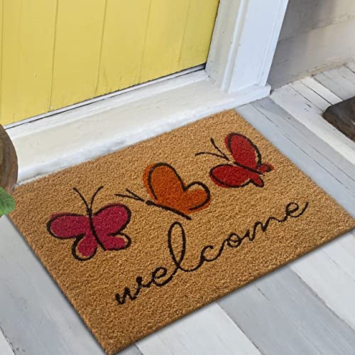 Teppich-Traum Rutschfester Fußabtreter aus Kokos • robust • Bunte Schmetterlinge „Welcome“, 40 x 60 cm von Teppich-Traum