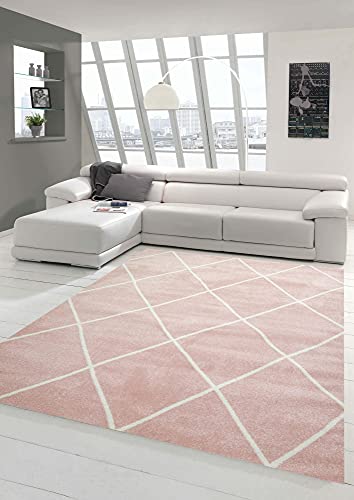 Teppich-Traum Skandinavischer Flurläufer im nordischen Stil Rautenmuster - pflegeleicht - rosa Creme weiß Größe 80 x 300 cm von Teppich-Traum