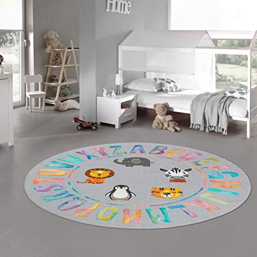 Teppich-Traum Spiel-Kinderteppich Buchstaben Alphabet in bunten Farben auf Hintergrund in grau, 160 cm rund von Teppich-Traum